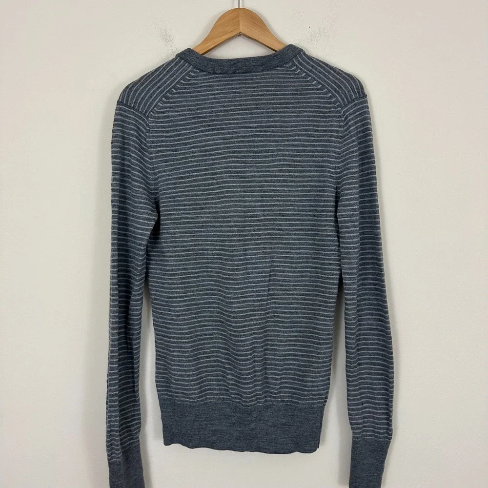 Banana Republic Sweater Gray Striped Merino Wool Henley Neck Mens M Tall Read